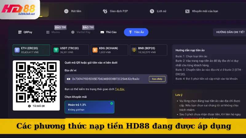 Các phương thức nạp tiền HD88 đang được áp dụng